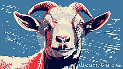 Bold Woodcut-inspired Goat Print With Layered Imagery Cartoon Illustration