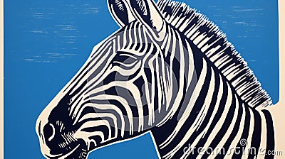 Bold Woodcut-inspired Zebra Print On Blue Background Cartoon Illustration