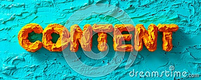 Bold Yellow CONTENT Text on a Vibrant Teal Background Highlighting Digital Content Creation, Marketing Strategies, and Stock Photo