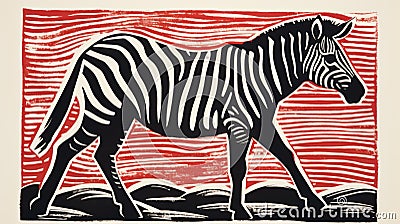 Bold Zebra Woodblock Print With Monumental Forms Stock Photo