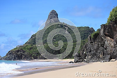 Boldro beach with Pico Hill in background, archipelago Fernando de Noronha, Pernambuco, Brazil. Stock Photo