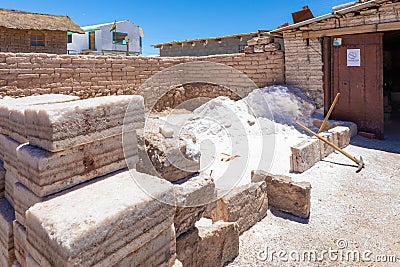 Bolivia Colchani blocks of salt and pickaxes Editorial Stock Photo