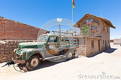 Bolivia Colchani old rusty van parked in front of a salt house Editorial Stock Photo