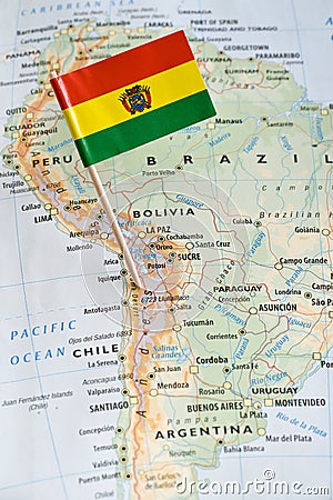 Bolivia flag pin on map Stock Photo