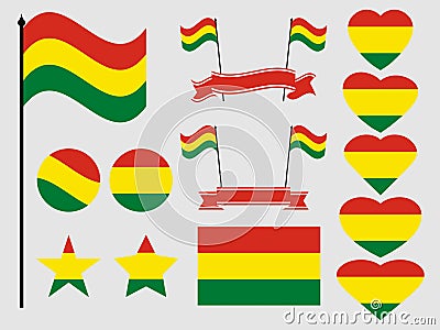 Bolivia flag set. Collection of symbols, flag in heart. Vector Vector Illustration