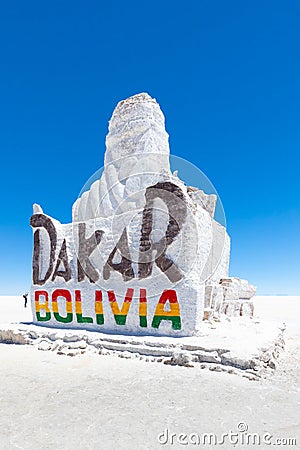 Bolivia salt sculpture dedicated to the Dakar race in the Salar of Uyuni Editorial Stock Photo