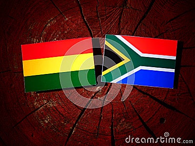 Bolivian flag with South African flag on a tree stump isolated Stock Photo