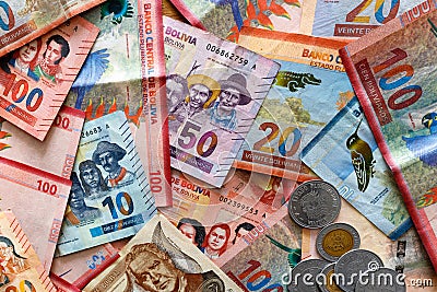 Bolivian money, Bolivianos. Banknotes of various denominations Stock Photo