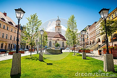 Bolkow, Poland - August 08, 2021. Catholic church of Saint Jadwiga in Main square with statue of Pope John Paul II Editorial Stock Photo