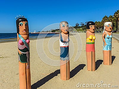 Bollards on the beach in Geelong Editorial Stock Photo