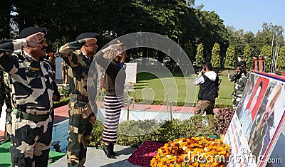 Bollywood actress Kangna Ranaut paying homage to martyrs during a visit to BSF`s Paloura Camp in Jammu Editorial Stock Photo