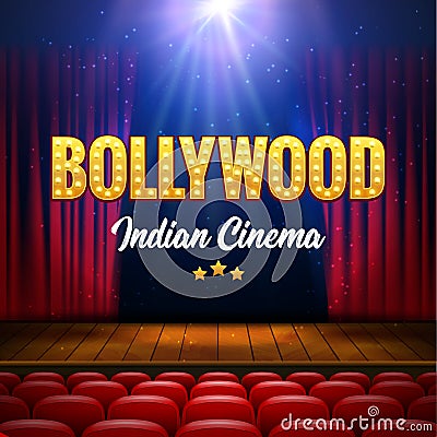 Bollywood Indian Cinema Film Banner. Indian Cinema Logo Sign Design Glowing Element with Stage and Curtains Vector Illustration
