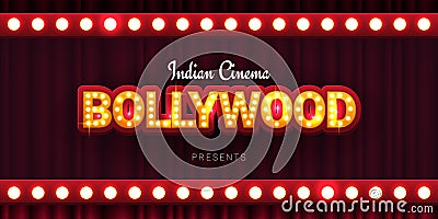 Bollywood indian cinema. Movie banner or poster in retro style with theatre curtain. Vector Illustration