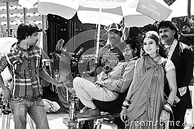 Bollywood: Indian Movie crew at the shooting set in Gujarat Editorial Stock Photo