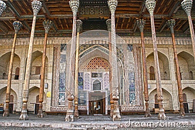 Bolo Haouz mosque side view.Mosque in Uzbekistan Bukhara city. Ancient building in Central Asia. Editorial Stock Photo