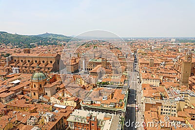 Bologna aerial cityscape of old town from the tower with Rizzoli street foreground, italian medieval landscape Stock Photo