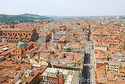 Bologna aerial cityscape of old town from the tower with Rizzoli street foreground, italian medieval landscape Stock Photo
