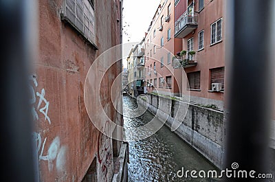 Bologna, Emilia Romagna, Italy. December 2018. A hidden part of the city reminiscent of Venice Editorial Stock Photo
