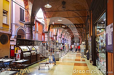 Bologna Italy - antique books shop Nanni library in Via De Musei under Portico della Morte archway Editorial Stock Photo