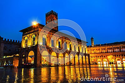 Bologna, Italy. King Enzo palace at the main square at night Stock Photo