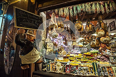 BOLOGNA, ITALY - March 8, 2014: Window of typical grocery shop Editorial Stock Photo