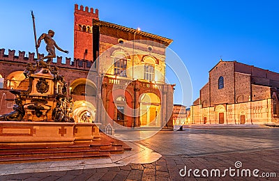 Bologna, Italy - Neptune Fountain and Piazza Maggiore Stock Photo