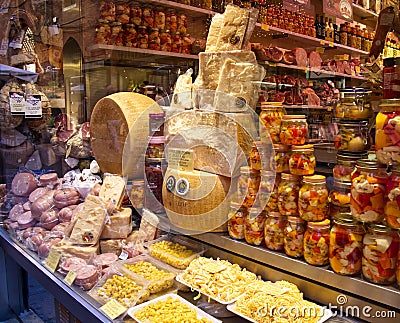 Showcase with different Italian Christmas gourmet food Editorial Stock Photo