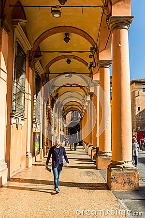BOLOGNA, ITALY - OCTOBER 22, 2018: View of a portico in Bologna, Ita Editorial Stock Photo
