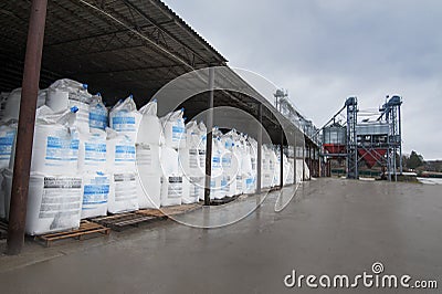 Bolotnya, Peremyshlyany district, Lviv region, Ukraine - February 03, 2020: Chemical fertilizer A urea bag at warehouse in stock Editorial Stock Photo