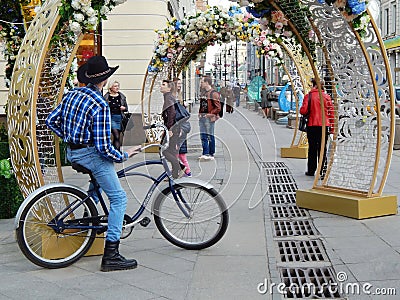 Bolshaya Dmitrovka Street decorated for the Easter and Victory day in the centre of Moscow in May, 2016 Editorial Stock Photo