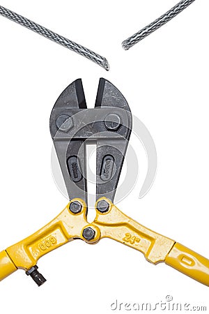 Bolt cutters with severed steel cable Stock Photo