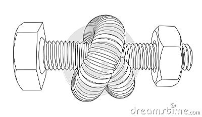 Bolt with nut bent into a knot. Twisted hex head screw. Isolated outline 3d illustration Cartoon Illustration