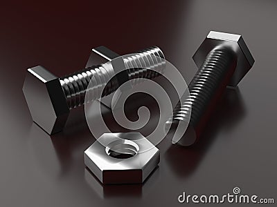 Shiny metal bolts with nuts on a burgundy background 3d rendering Stock Photo