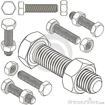 Bolt and nut set all view isometric Vector Illustration