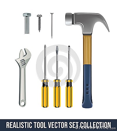 Bolt Screw Nail Wrench Screwdriver Hammer Realistic Vector Vector Illustration