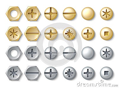 Bolt and screw. Realistic rivets and stainless self-tapping nail heads. Galvanized silver or bronze hardware. Assortment Vector Illustration
