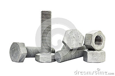 Bolt, stud and nut isolate on white background. Bolt and nut made from iron coated with zinc for protect corrode. Stock Photo