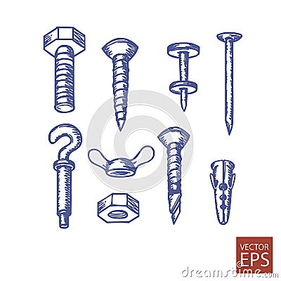 Bolts, screws and nuts set of icons Vector Illustration