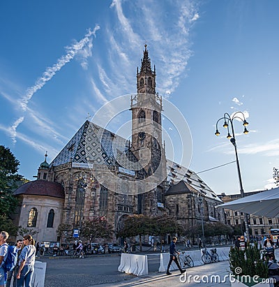 Large panoramic view of Assumption of Our Lady Cathedral in Bolzano, South Tyrol, Italy Editorial Stock Photo