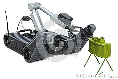 Bomb disposal robot with anti-personnel mine, 3D rendering Stock Photo