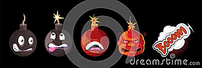Bomb explosion animation. Cartoon bombs, funny wicked emoji. Comic boom and awesome game vector characters Vector Illustration