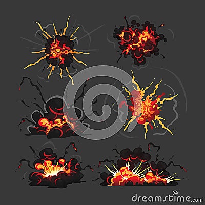 Bomb Explosion Clouds. Cartoon Boom Effect and Smoke Elements for Ui Game Design. Dynamite Danger Explosive Detonation Vector Illustration