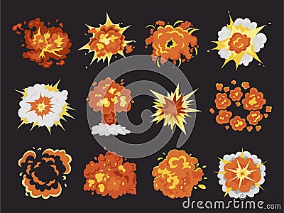 Bomb explosion and fire bang cartoon set Vector Illustration