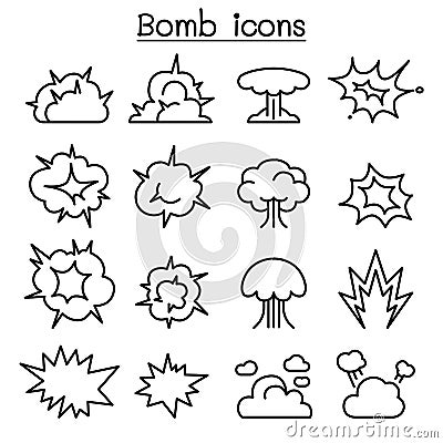 Bomb & Explosion icon set in thin line style Vector Illustration
