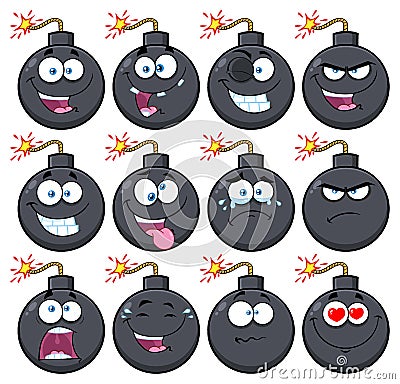 Bomb Face Cartoon Mascot Character With Emoji Expressions Vector Illustration