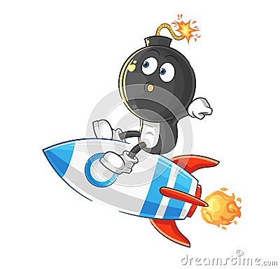 Bomb head ride a rocket cartoon mascot vector Vector Illustration