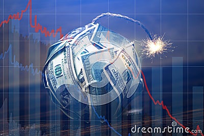 Bomb money with a burning wick with drop charts on blue background. Explosion of investment markets. Financial crisis Stock Photo