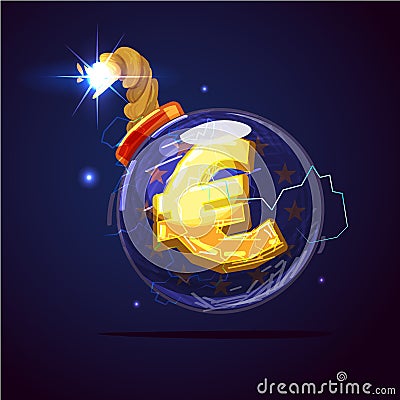 Bomb with money Euro symbol. Euro in the stage of crisis concept Cartoon Illustration