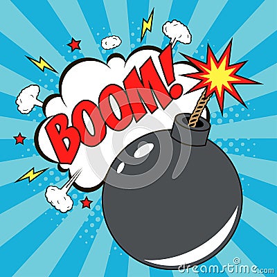 Bomb in pop art style and comic speech bubble with text - BOOM. Cartoon dynamite at background with dots halftone and sunburst. Vector Illustration