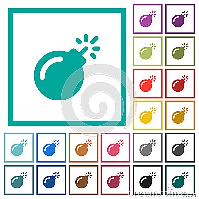 Bomb with sparkling fuse flat color icons with quadrant frames Stock Photo